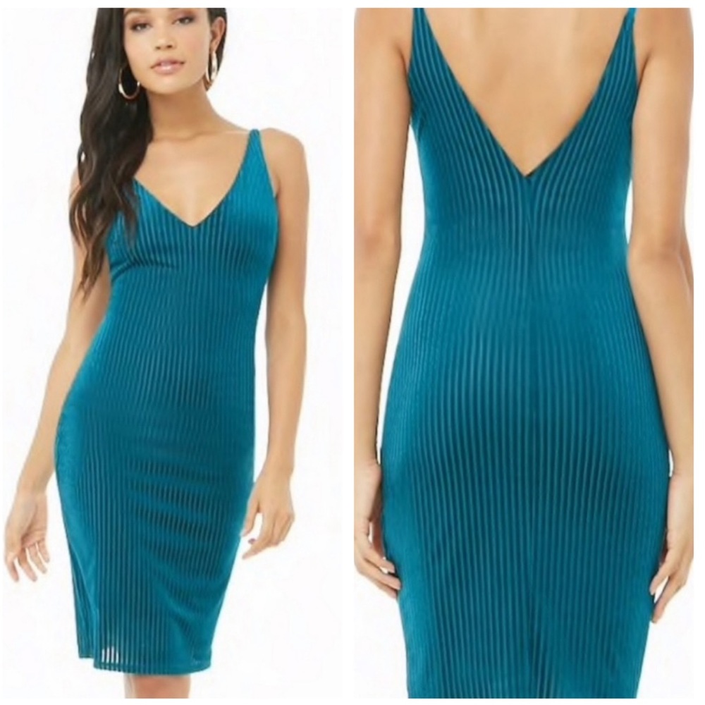 TEAL CORDUROY RIBBED VELVET BODYCON MIDI DRESS